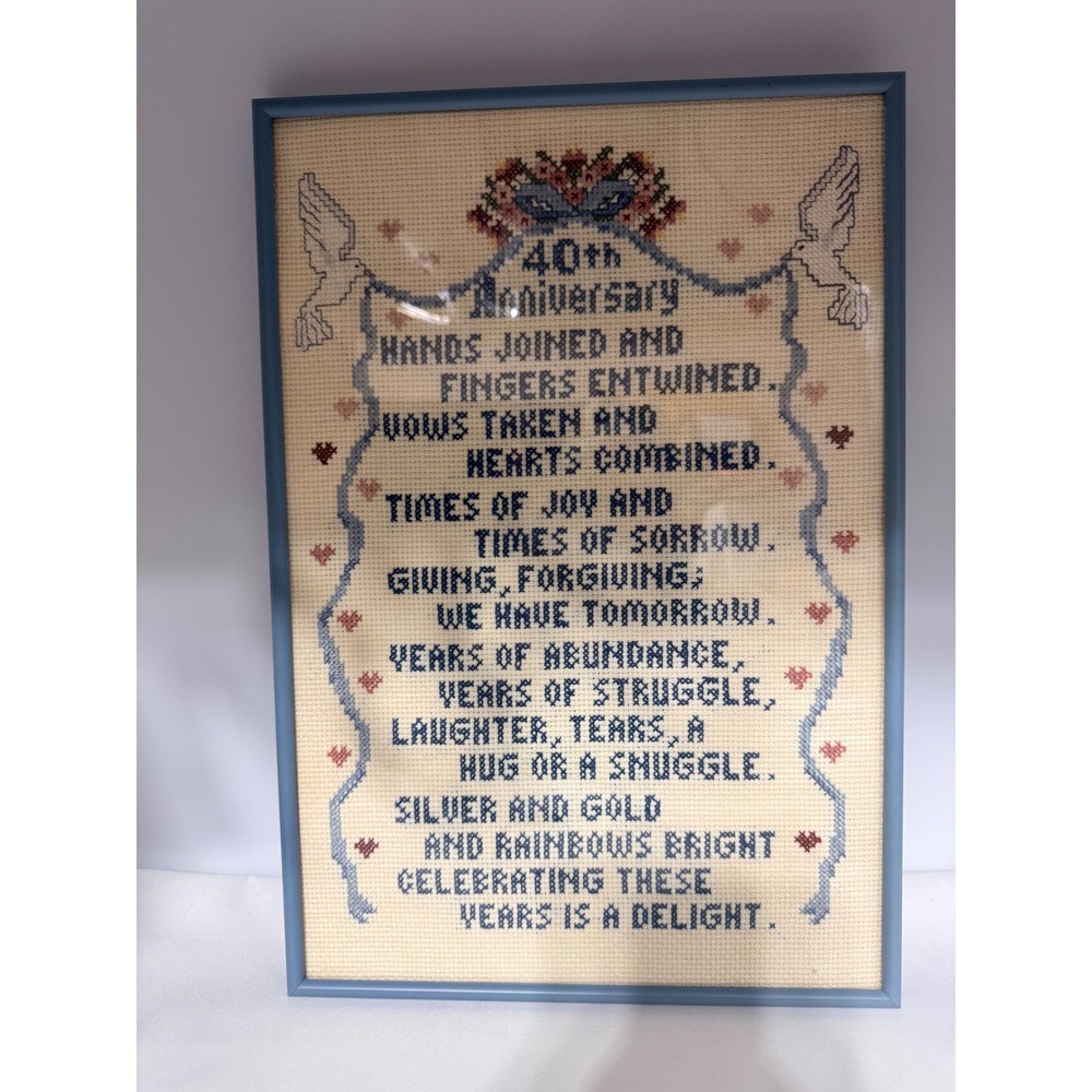 40th Anniversary Cross Stitch Framed Blue Poem Art Doves Hearts Handmade 18x11